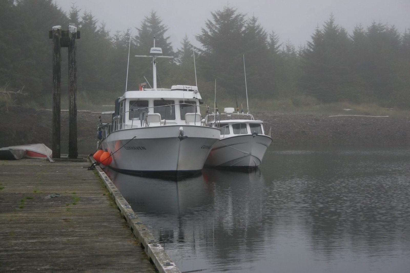 Fishing boats at a misty dock with an evergreen shoreline