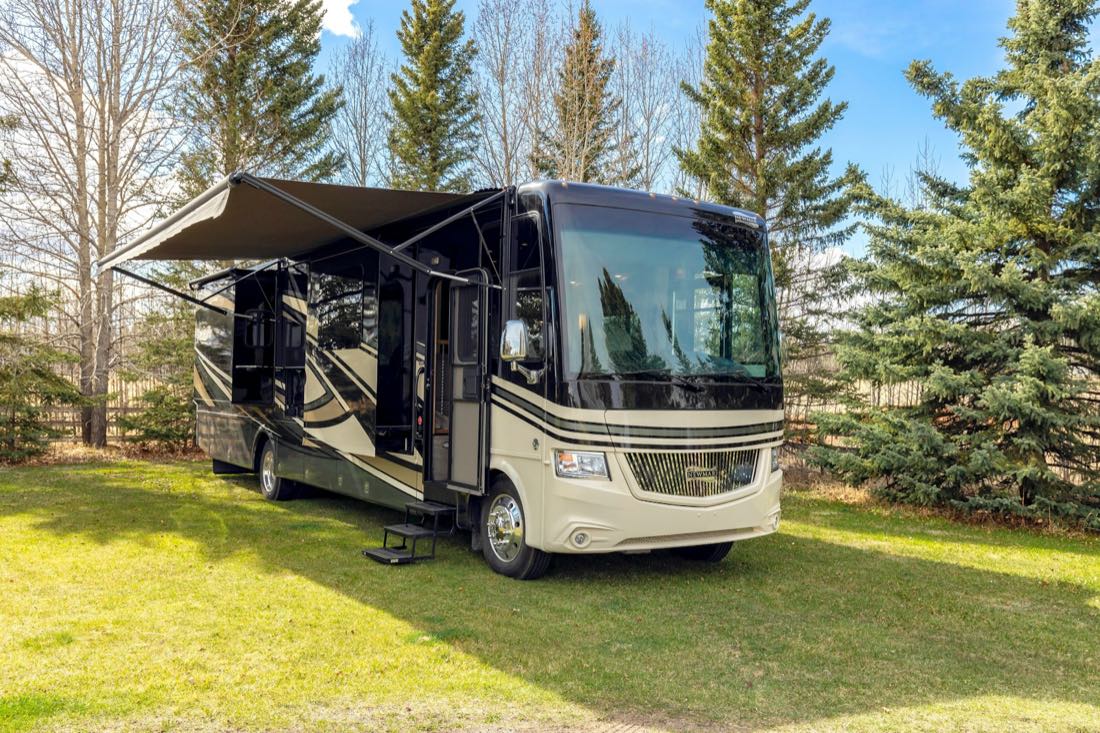 Motorhome with awning out on a grassy site edged by spruce